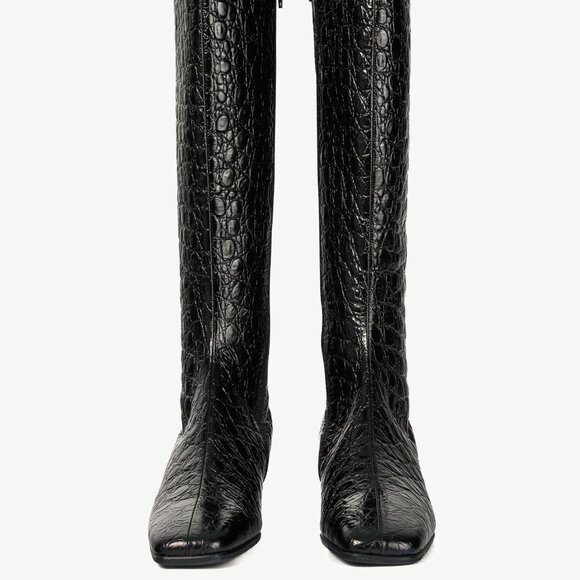 BY FAR Edie Black Circular Croco-Embossed Leather Knee-High Boots - Picture 3 of 11